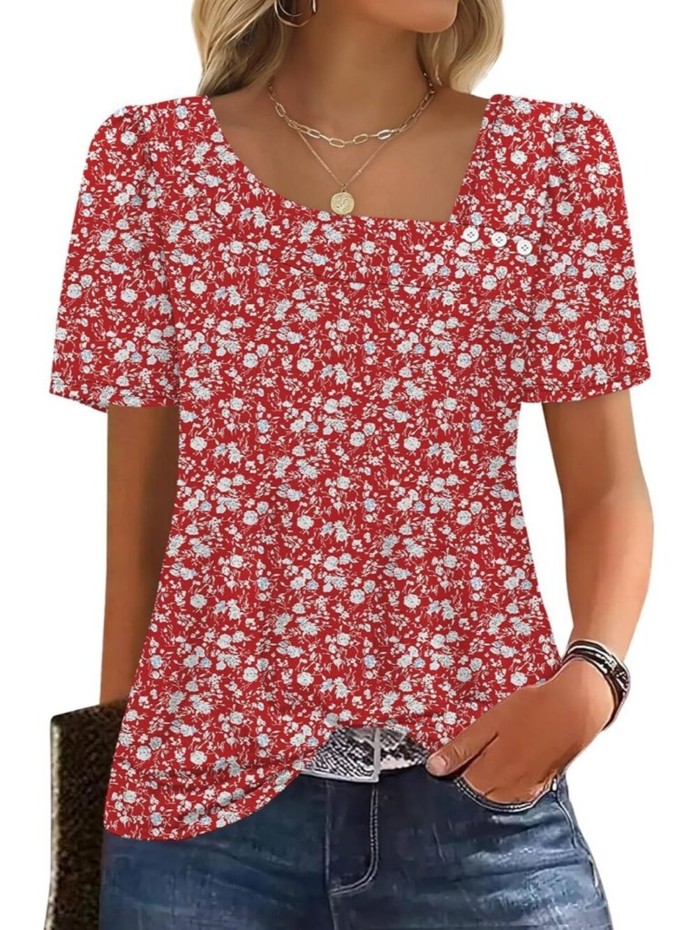 Women's Floral 1 Square Neck Blouse Summer Casual Short Sleeve Outfit Spring Top